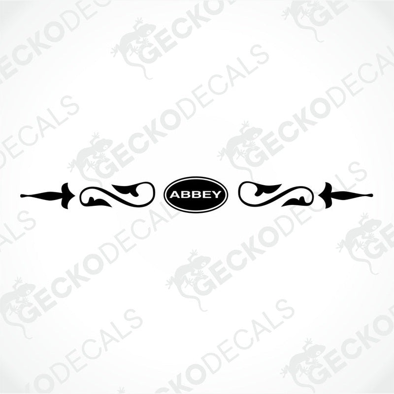 Black Abbey caravan rear decal with ornamental scrollwork on transfer paper