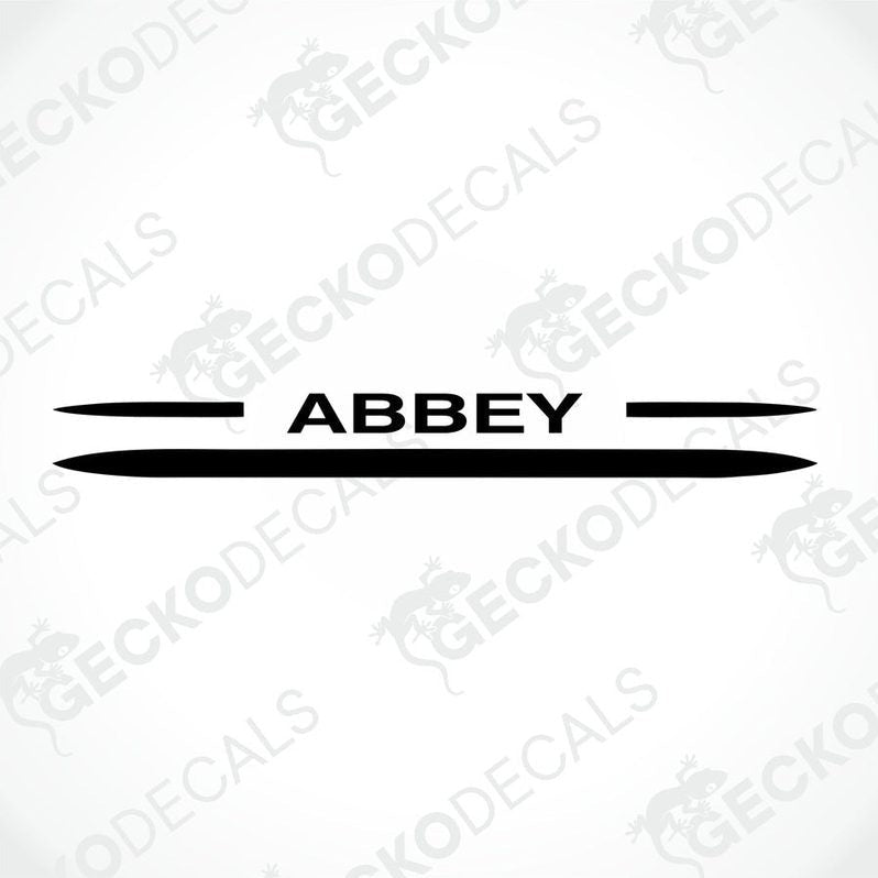 Black die-cut Abbey text decal with horizontal bars on transfer paper