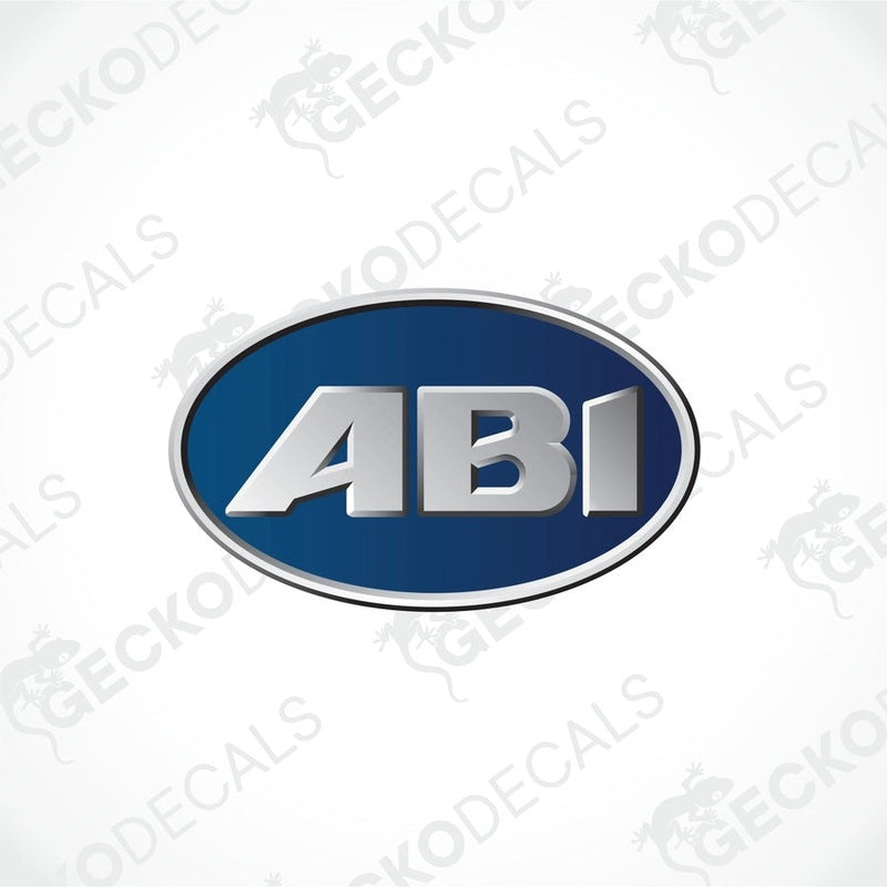 ABI die-cut oval sticker with metallic silver 3D font on deep blue background for caravan interior or exterior use