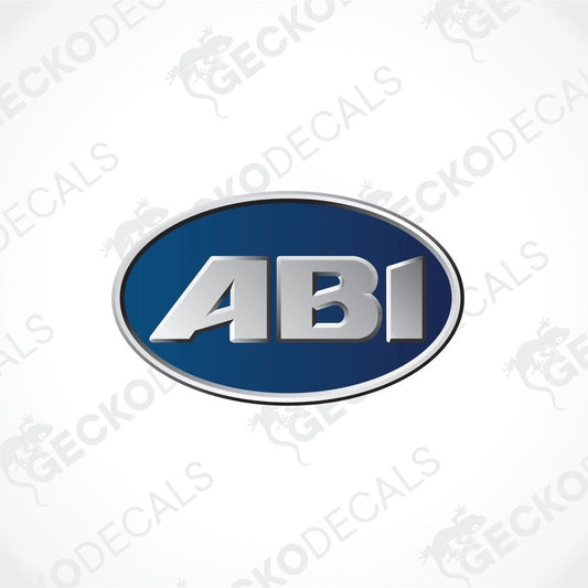 ABI die-cut oval sticker with metallic silver 3D font on deep blue background for caravan interior or exterior use
