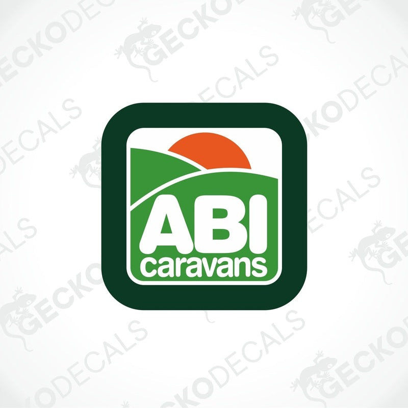 ABI Caravans printed decal with orange sun and green hills design for caravan exterior or interior