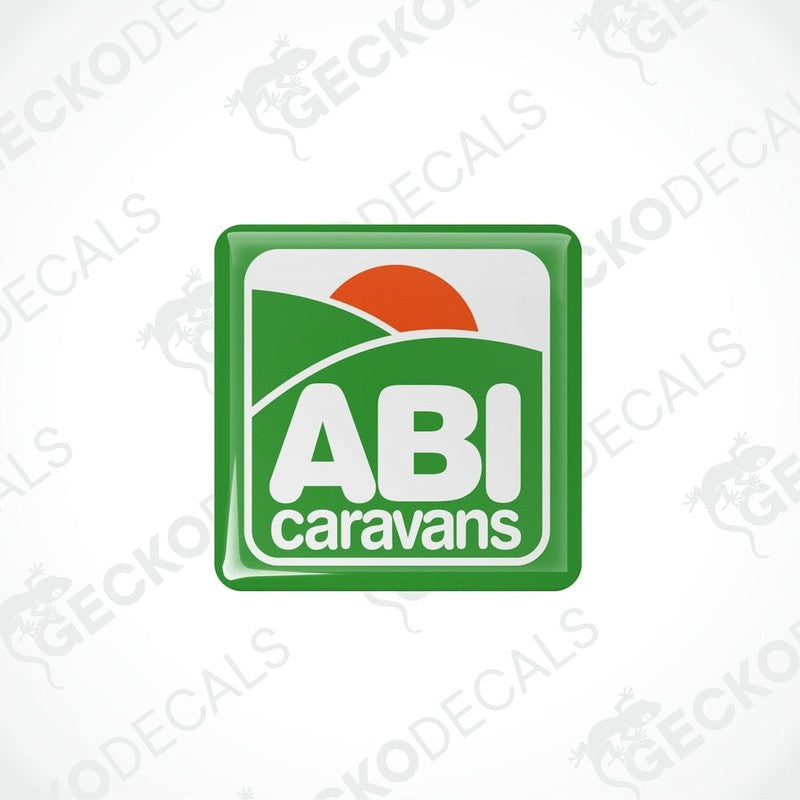 Close-up of ABI Caravans domed epoxy sticker showing glossy polyurethane finish