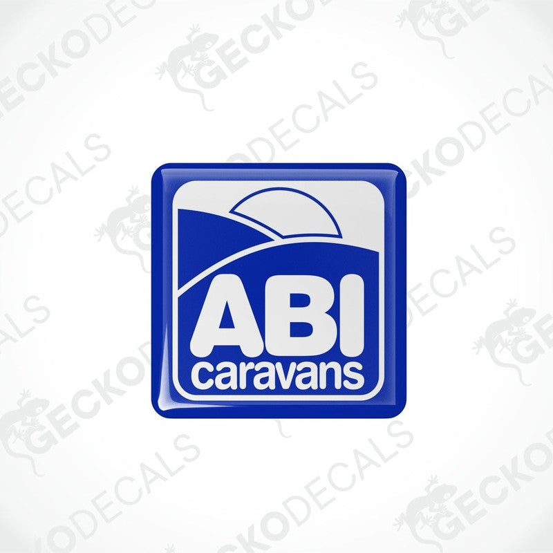 ABI Caravans domed epoxy decal with blue border and white text