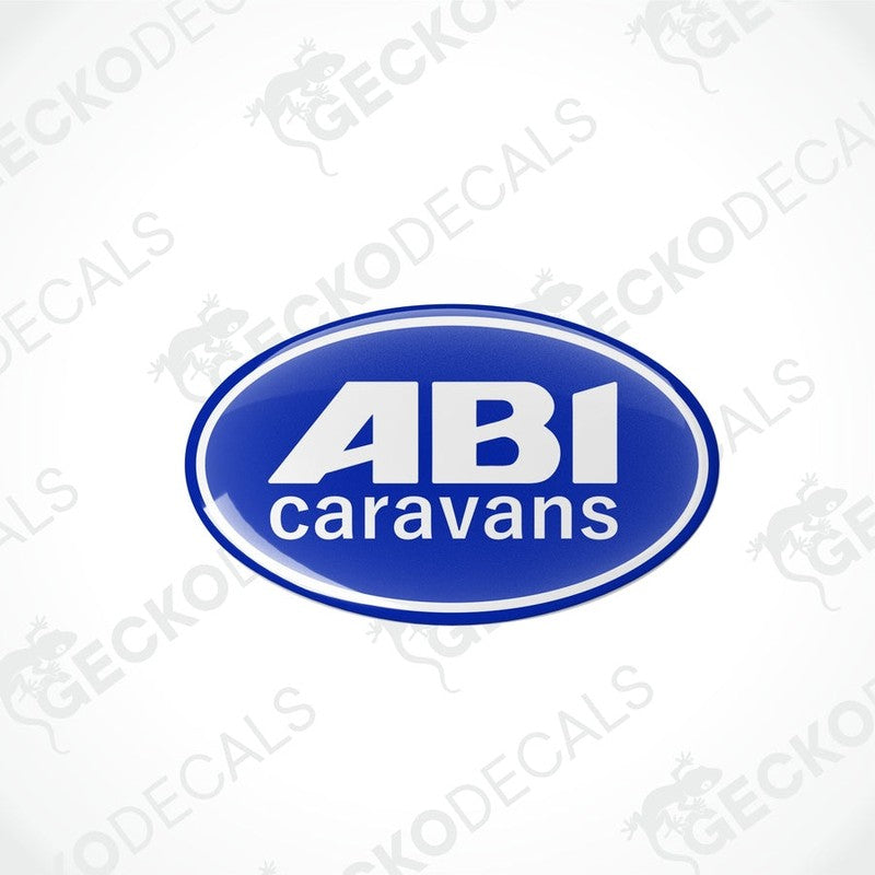 Blue ABI Caravans oval epoxy decal with domed polyurethane coating