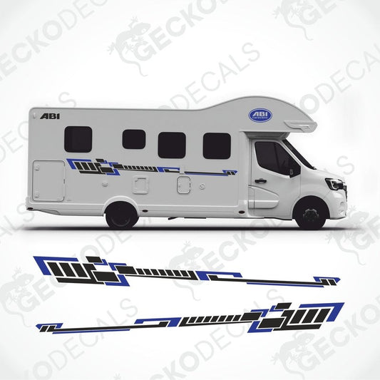 Black and blue ABI caravan vinyl decals applied to white motorhome exterior