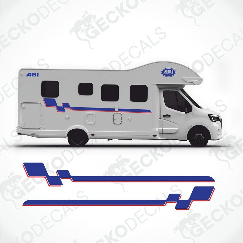 Blue and red ABI caravan vinyl decals applied to white motorhome side