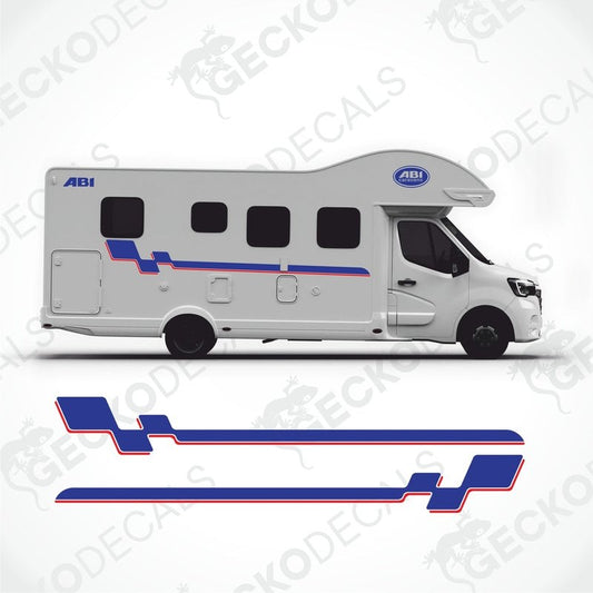 Blue and red ABI caravan vinyl decals applied to white motorhome side