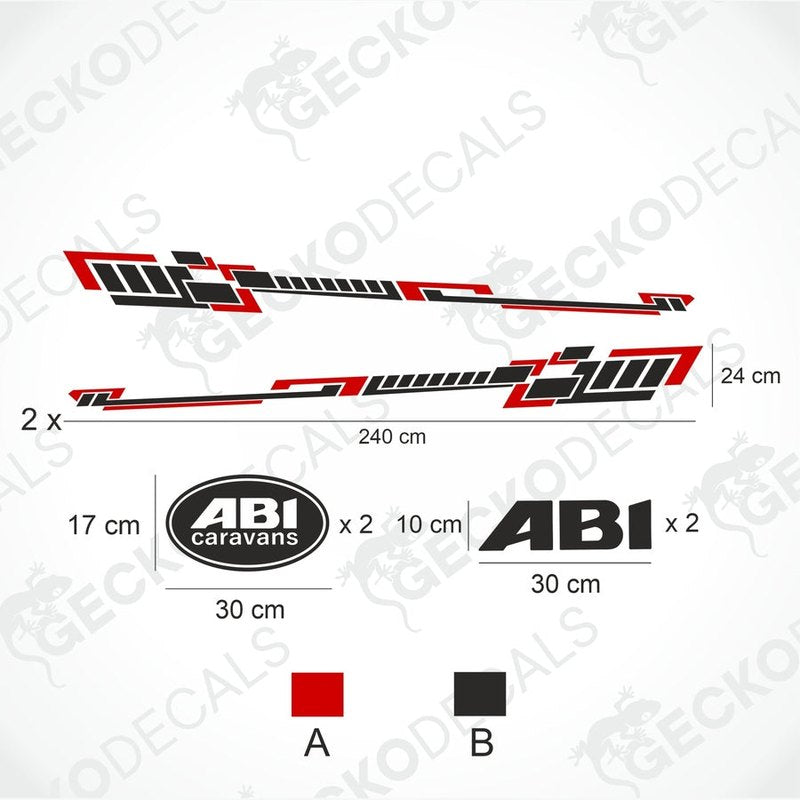 ABI Caravan decal set with red and black geometric side stripes and oval logos on transfer paper