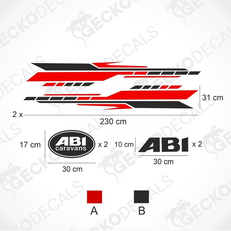 ABI Caravan decoration sticker kit diagram showing 230cm side decals and logos
