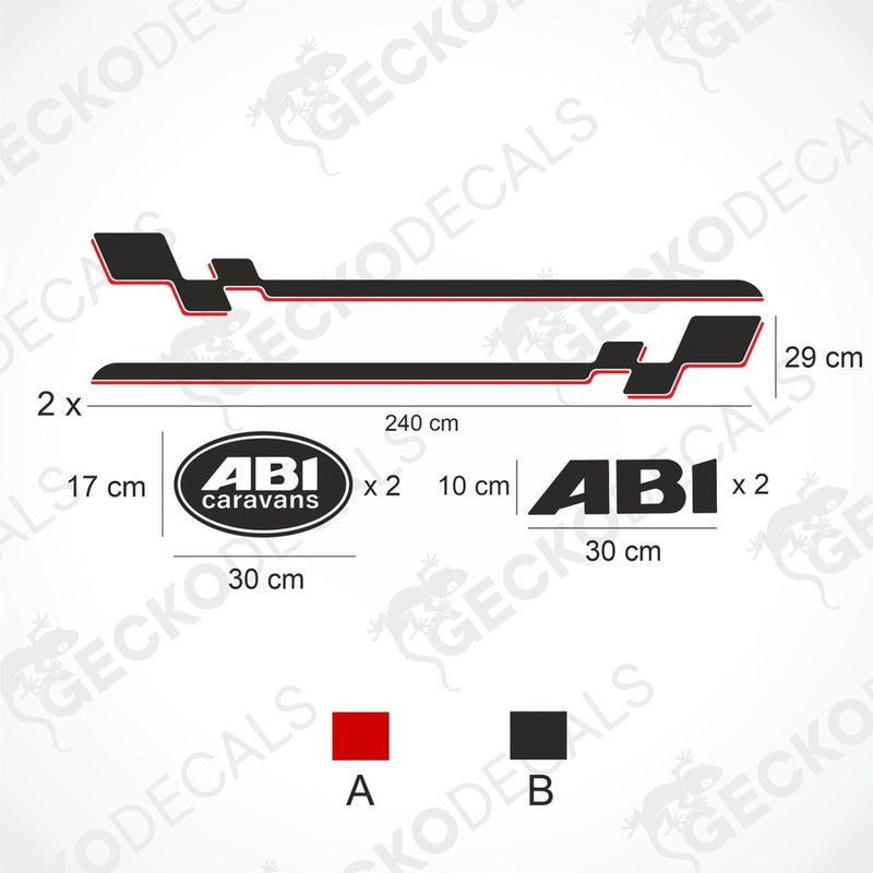 ABI Caravan decal set technical diagram showing side stripe and logo dimensions