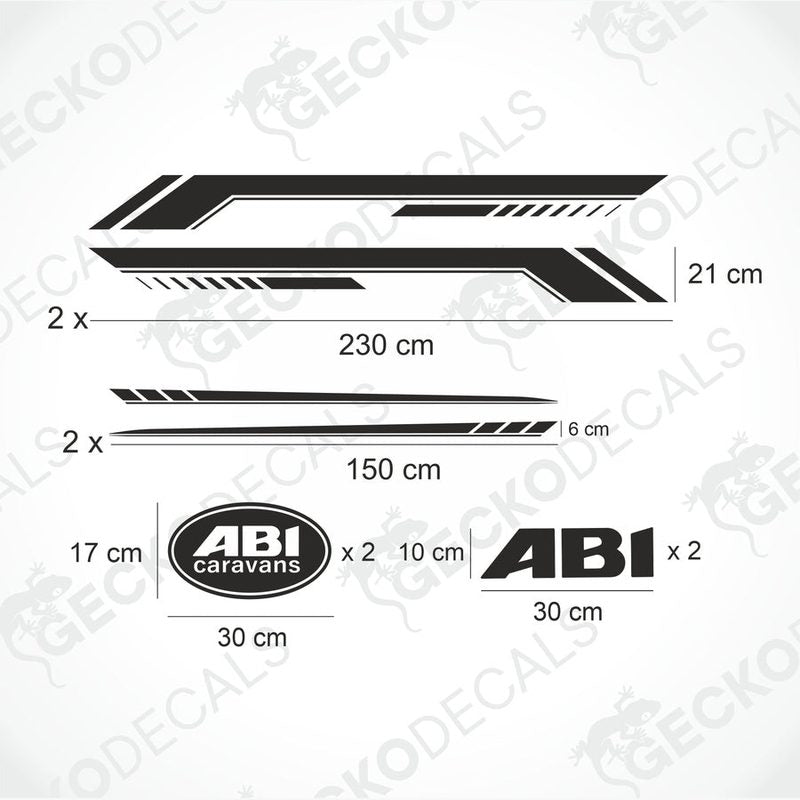 ABI DECORATION SET contents diagram with decal dimensions and logos