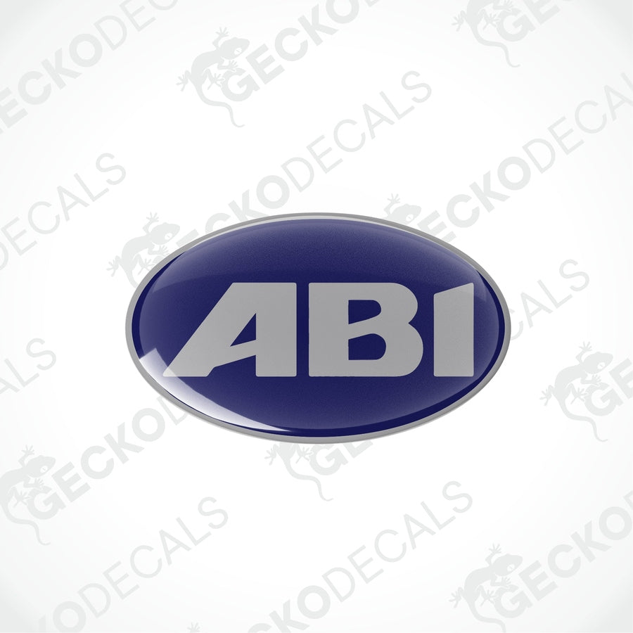 Single ABI dark blue domed epoxy decal with silver lettering