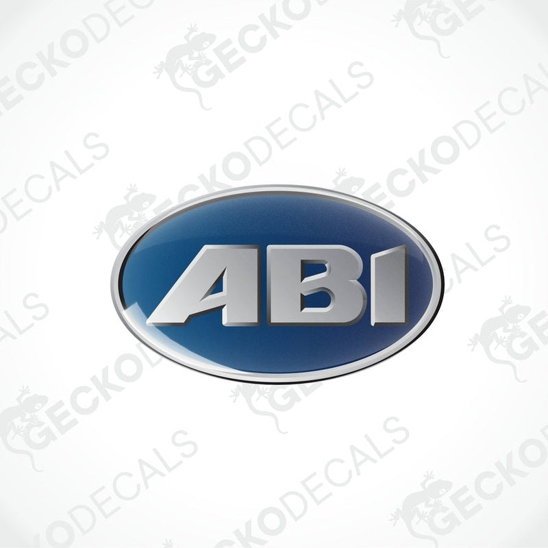 Single ABI domed epoxy decal featuring raised silver letters on glossy blue background