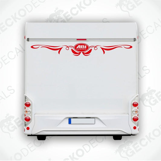 Red ABI Caravans rear decal applied to caravan bumper