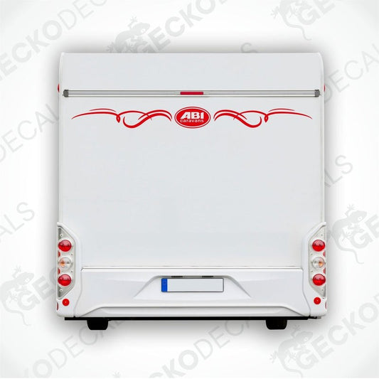 ABI Caravans red die-cut decal applied to white caravan rear door