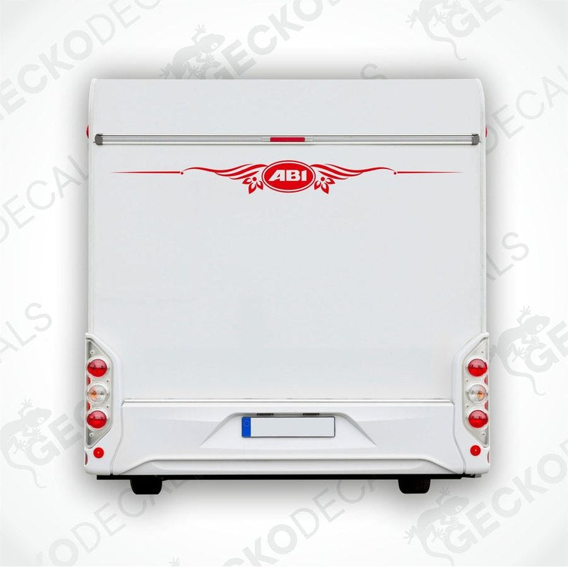 ABI red die-cut caravan rear decal with wing flourishes applied to white vehicle
