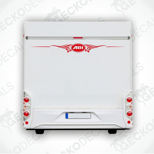 ABI red die-cut caravan rear decal with wing flourishes applied to white vehicle