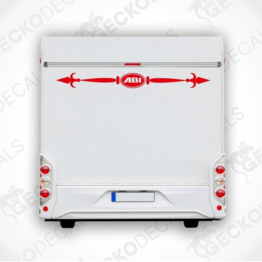 ABI red die-cut caravan decal with white text and ornate arrows applied to rear door
