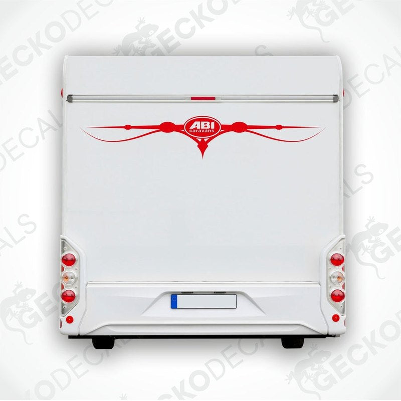 ABI Caravans red exterior caravan rear bumper decal on white vehicle