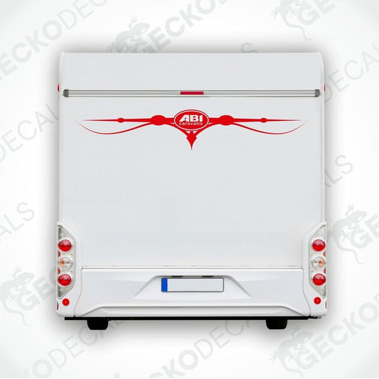 ABI Caravans red exterior caravan rear bumper decal on white vehicle