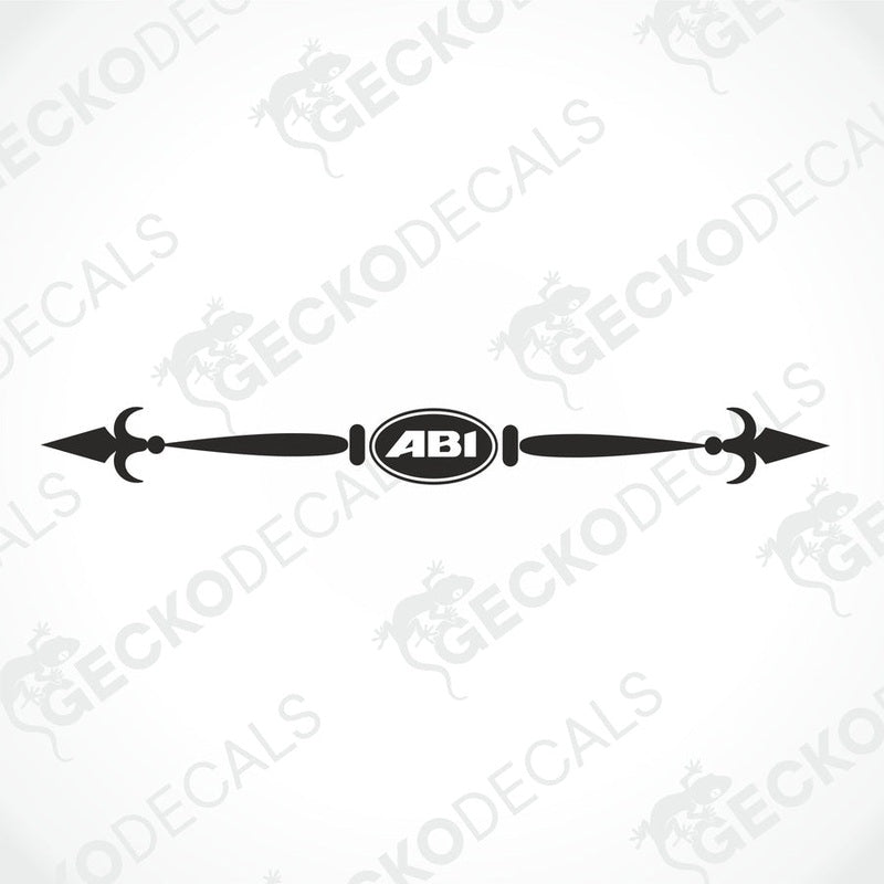 ABI black and white die-cut sticker design with ornate arrow details on white background