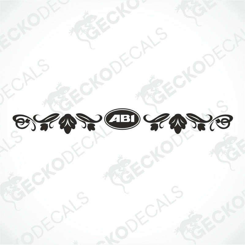 Black ABI die-cut sticker design with white text and floral scroll patterns on transfer paper