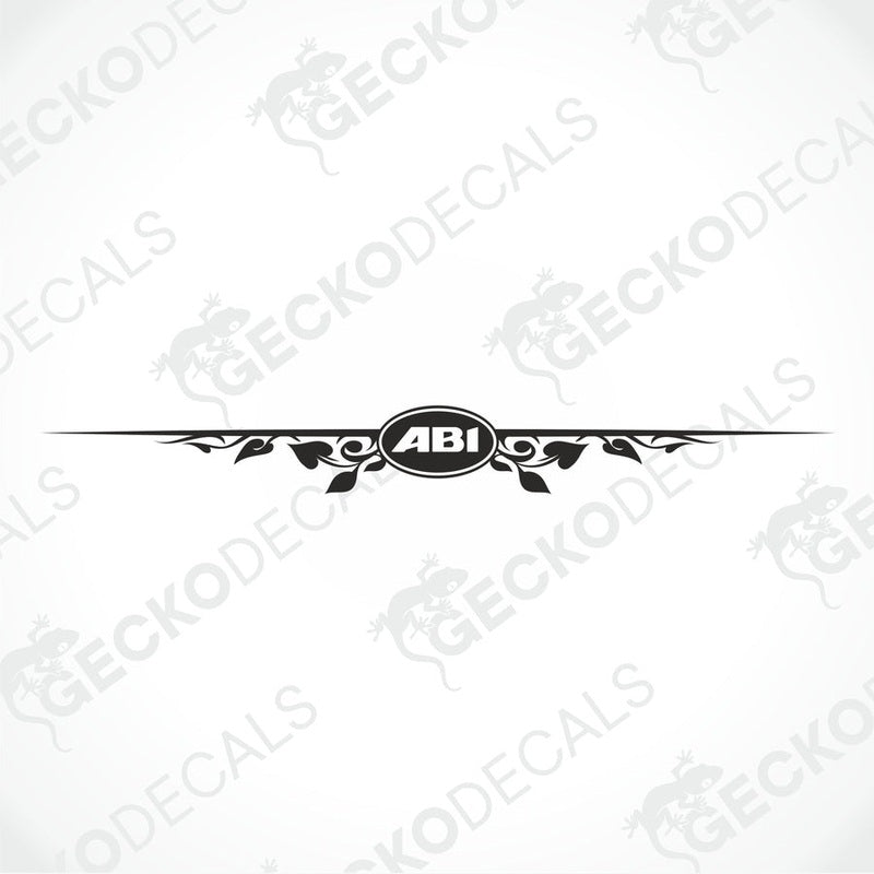 ABI die-cut sticker design with black oval text and ornate leafy scrollwork on transfer paper