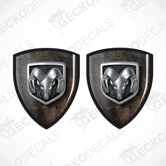 Two matching shield-shaped decals with a ram head emblem, shown on a white background with a faint Geckodecals watermark.