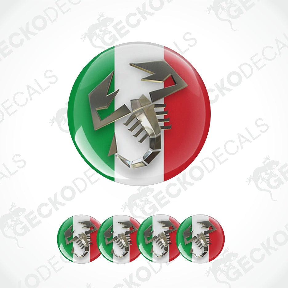 A glossy round decal or button design featuring the Italian flag colors green, white, and red with a metallic silver scorpion emblem across the center. Smaller versions of the same design appear along the bottom on a light gray background with repeated faint Geckodec watermark text.