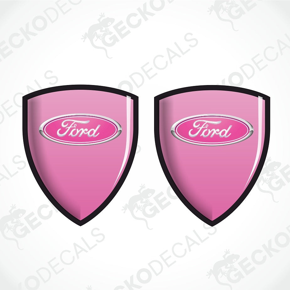 Two pink Ford shield-shaped decals with black borders and the Ford logo in the center, shown on a white background with faint GECKODECALS watermarks.