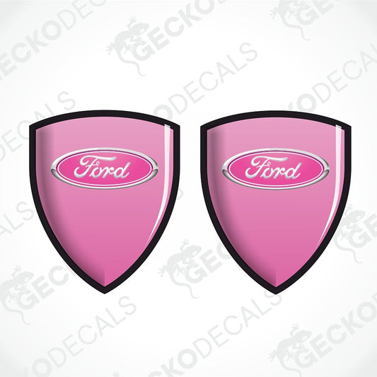 Two pink Ford shield-shaped decals with black borders and the Ford logo in the center, shown on a white background with faint GECKODECALS watermarks.