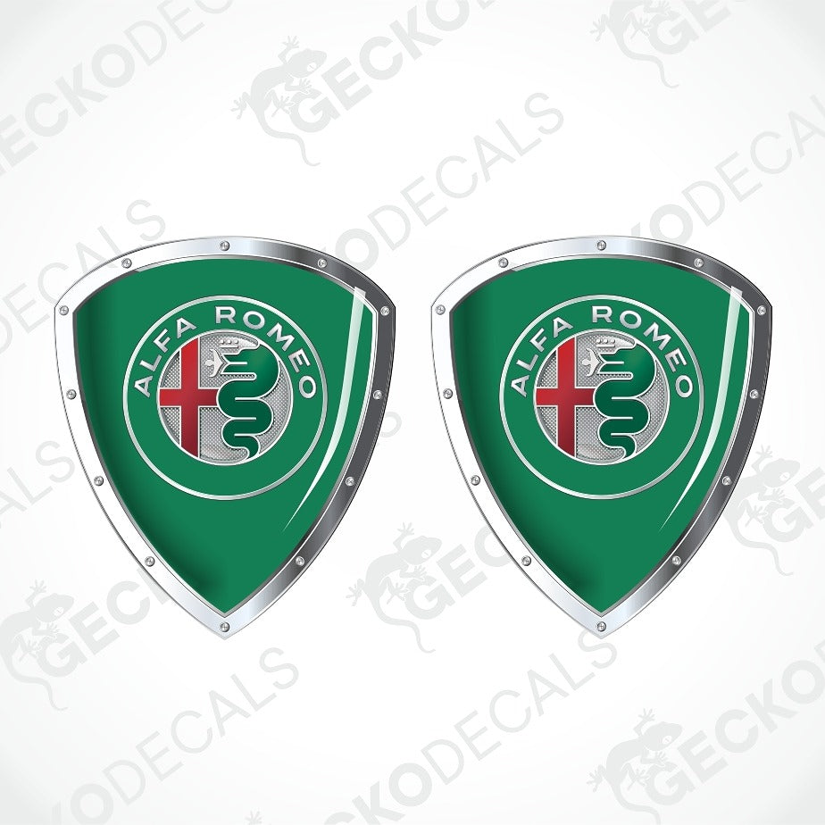 Two green Alfa Romeo shield-shaped decals with silver borders and the brand's red cross and green serpent logo, shown on a light gray background with faint Geckodec watermarks.