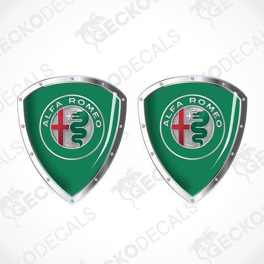 Two green Alfa Romeo shield-shaped decals with silver borders and the brand's red cross and green serpent logo, shown on a light gray background with faint Geckodec watermarks.