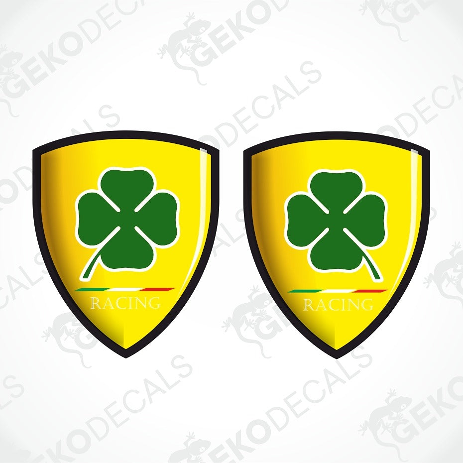 Two identical yellow Ferrari-style shield decals with a green four-leaf clover and the words 'GEKODE RACING' on a white background with faint watermarks.