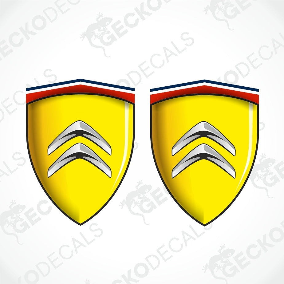 Two identical yellow shield-shaped decals with a red, white, and blue top border and a silver chevron motif, shown on a white background with repeated GECKODECAL watermarks.