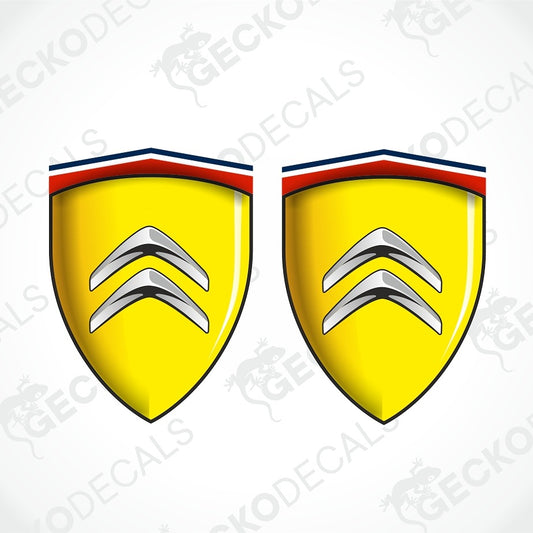 Two identical yellow shield-shaped decals with a red, white, and blue top border and a silver chevron motif, shown on a white background with repeated GECKODECAL watermarks.