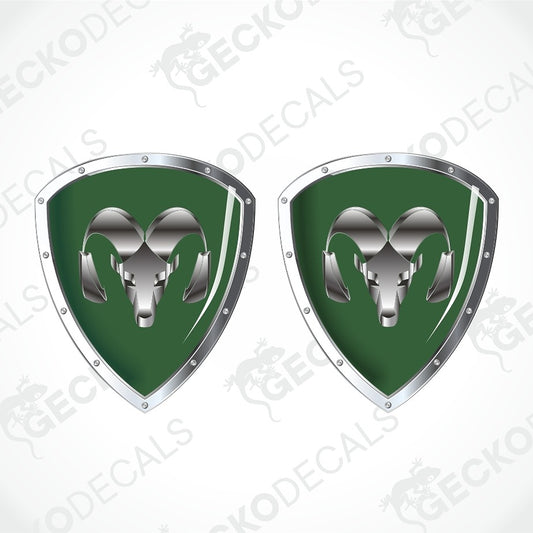 Two identical green and silver shield-shaped decals with a ram head emblem, shown on a light gray background with a faint diagonal watermark pattern.