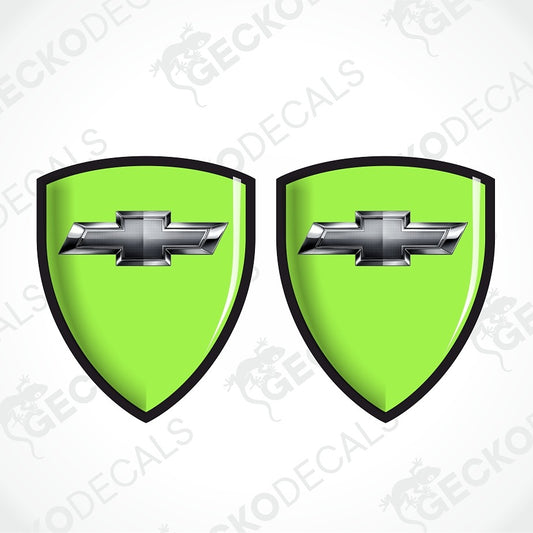 Two identical bright lime green shield-shaped decals with black borders and a silver Chevrolet bowtie emblem in the center, shown on a white background with faint diagonal watermarks.