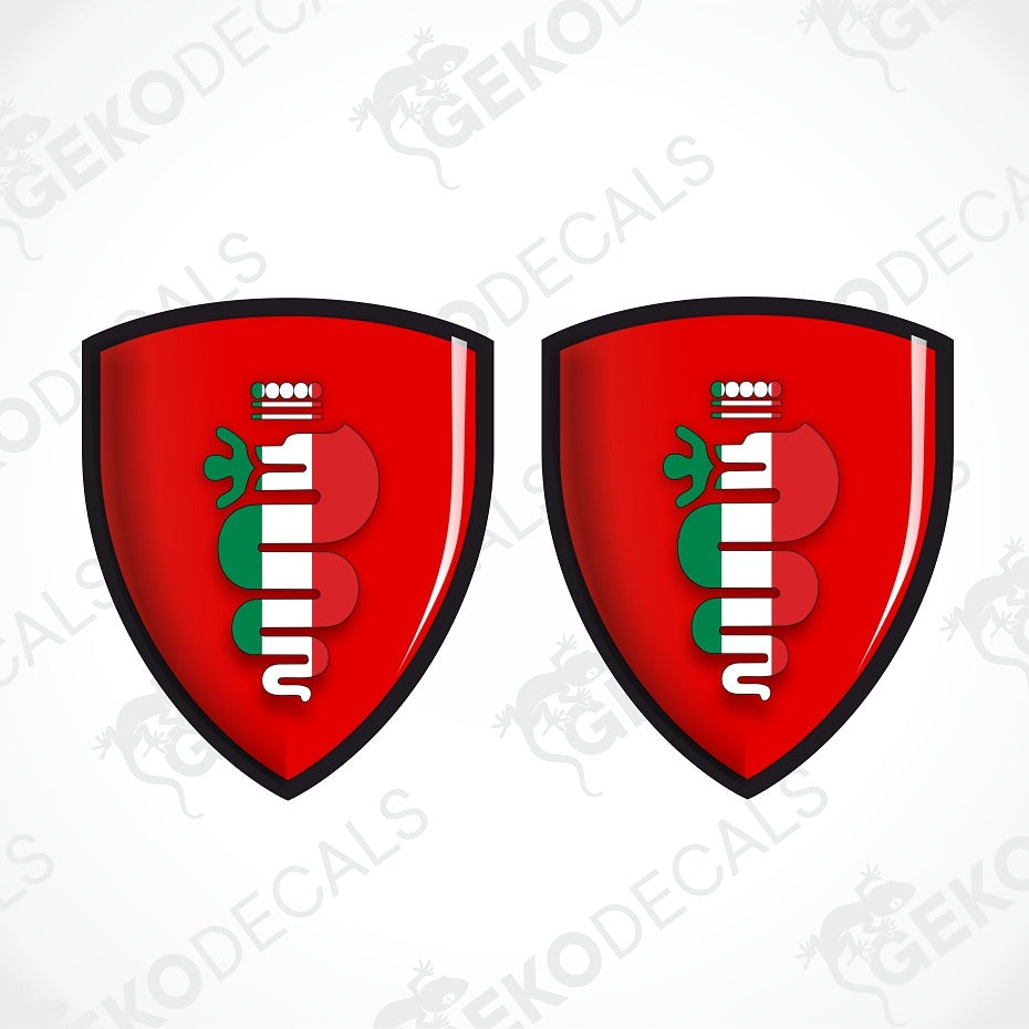 Two identical red shield-shaped decals with a black outline, featuring a vertical white and green striped emblem resembling a stylized flag or logo, shown on a light gray background with faint watermark text.