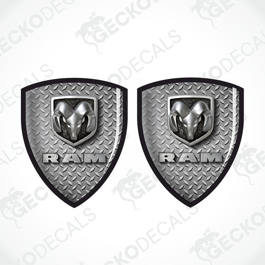 Two matching metallic ram-head shield decals on a white background with repeated GECKODECALS watermark 