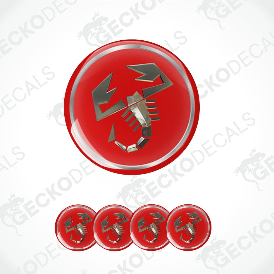A set of circular red button-style decals featuring a metallic silver scorpion symbol, with one large decal and four smaller ones arranged on a white background. Faint repeated 'GECKODECALS' watermark text is visible across the image.