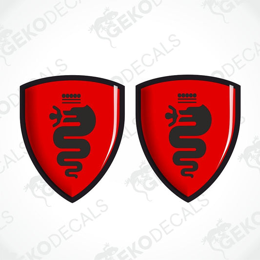 Two identical red shield-shaped decals with black borders and a black snake emblem, shown on a white background with faint watermark text.