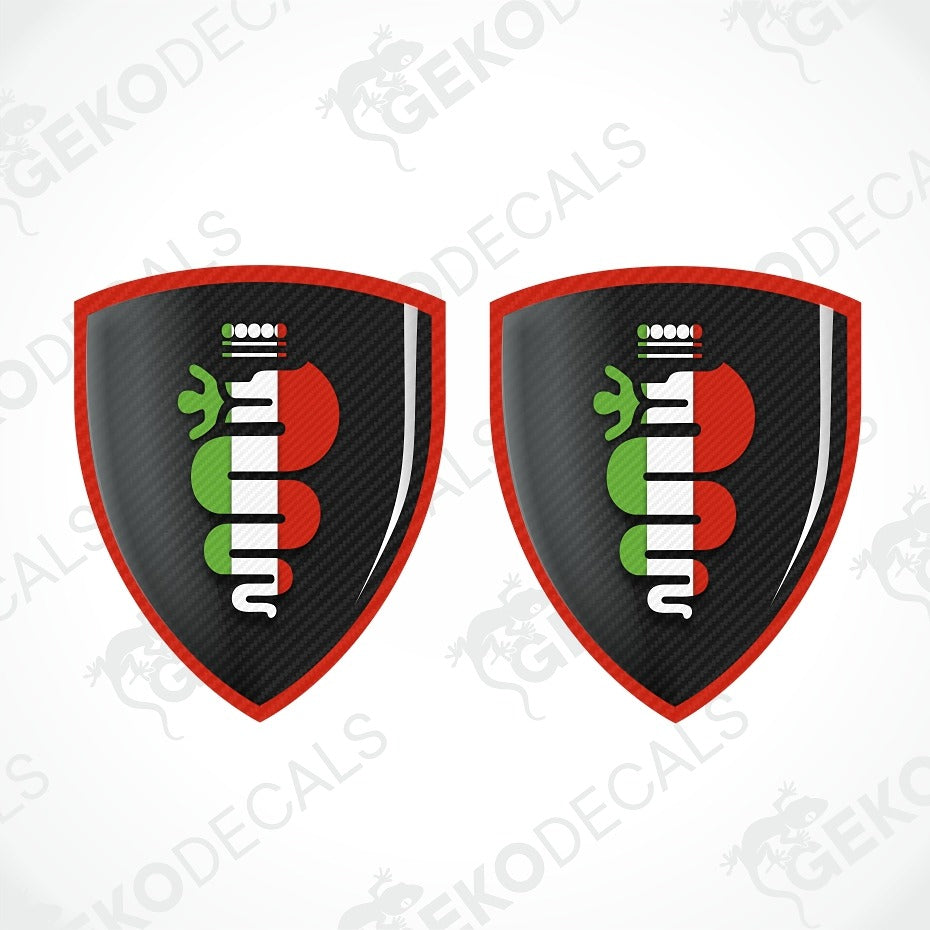 Two identical shield-shaped decals on a white background, featuring a black carbon-fiber texture, a red border, and a stylized green, white, and red snake graphic.