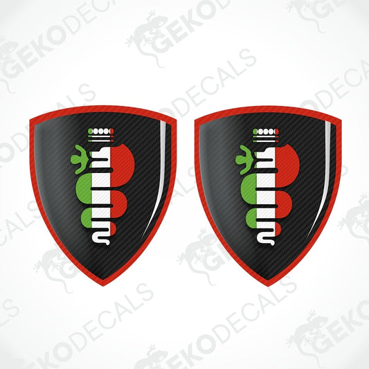 Two identical shield-shaped decals on a white background, featuring a black carbon-fiber texture, a red border, and a stylized green, white, and red snake graphic.