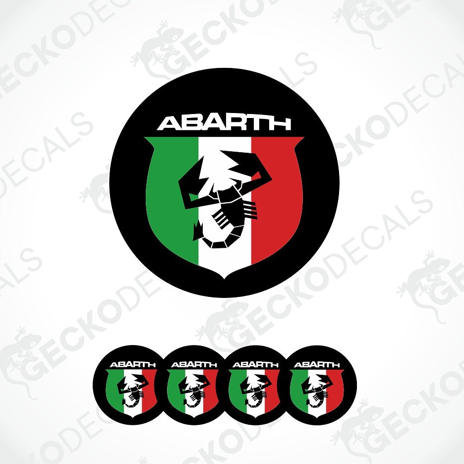 A set of circular Abarth decals featuring a black outer ring, a green-white-red Italian flag shield, and a stylized black scorpion logo. The main decal is shown large at the top, with four smaller matching decals aligned horizontally below on a light gray background with faint watermark text.