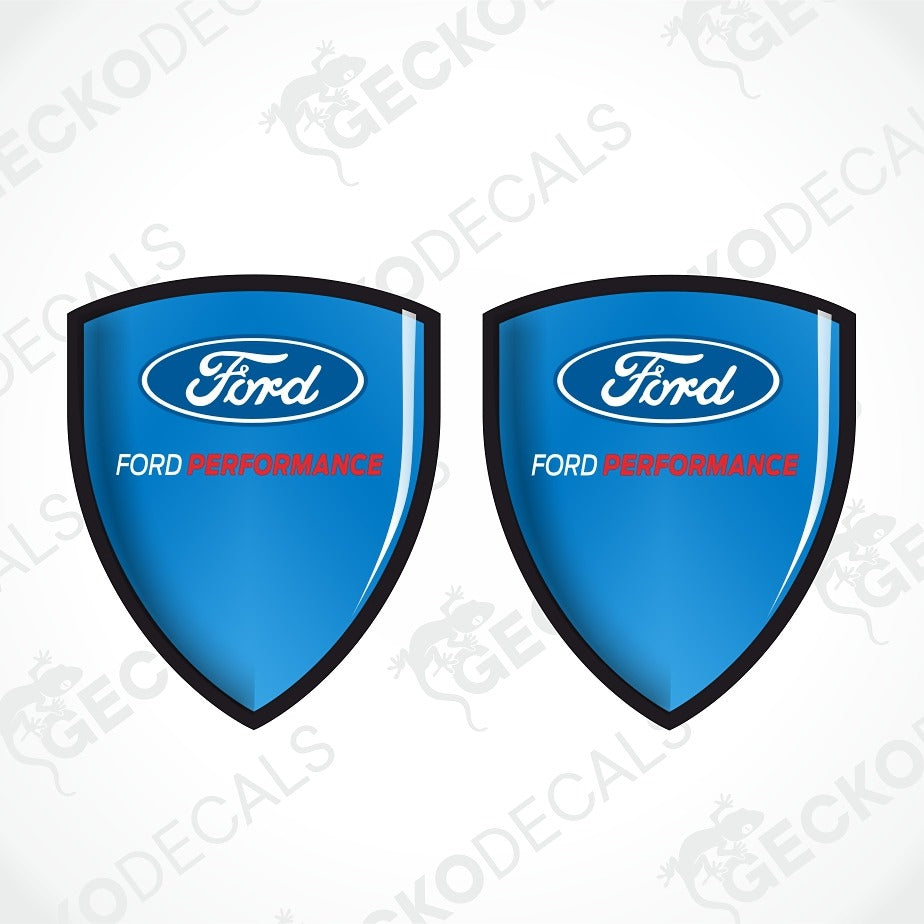 Two blue Ford Performance shield-shaped decals on a white background with diagonal watermarks.