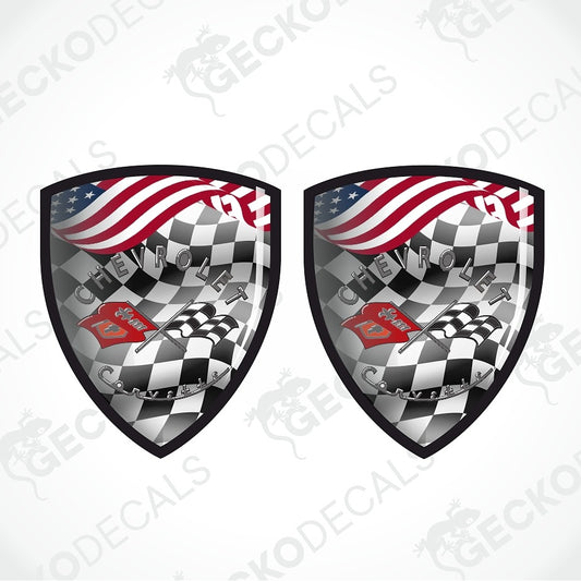 Two identical shield-shaped racing decals shown side by side on a light gray background. Each decal features a black-and-white checkered flag design, a red and white American flag across the top, a small red shield with 'Champion' in white, and a silver chain graphic.