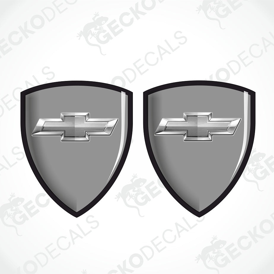 Two identical shield-shaped decal designs with a Chevrolet bowtie emblem in the center, shown on a light gray background with repeated GECKODECALS watermarks.