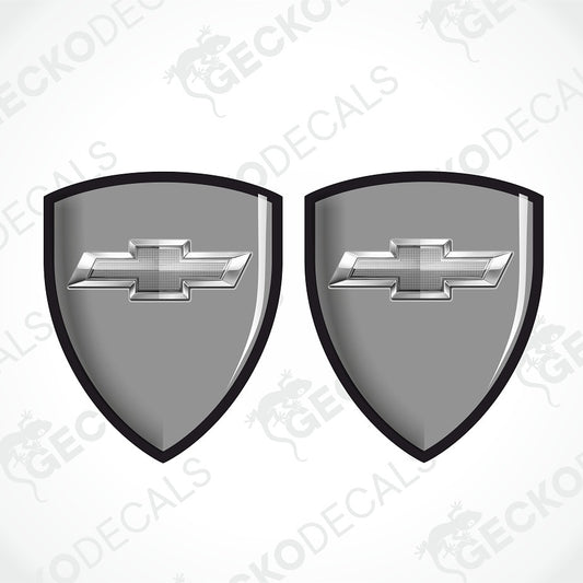 Two identical shield-shaped decal designs with a Chevrolet bowtie emblem in the center, shown on a light gray background with repeated GECKODECALS watermarks.