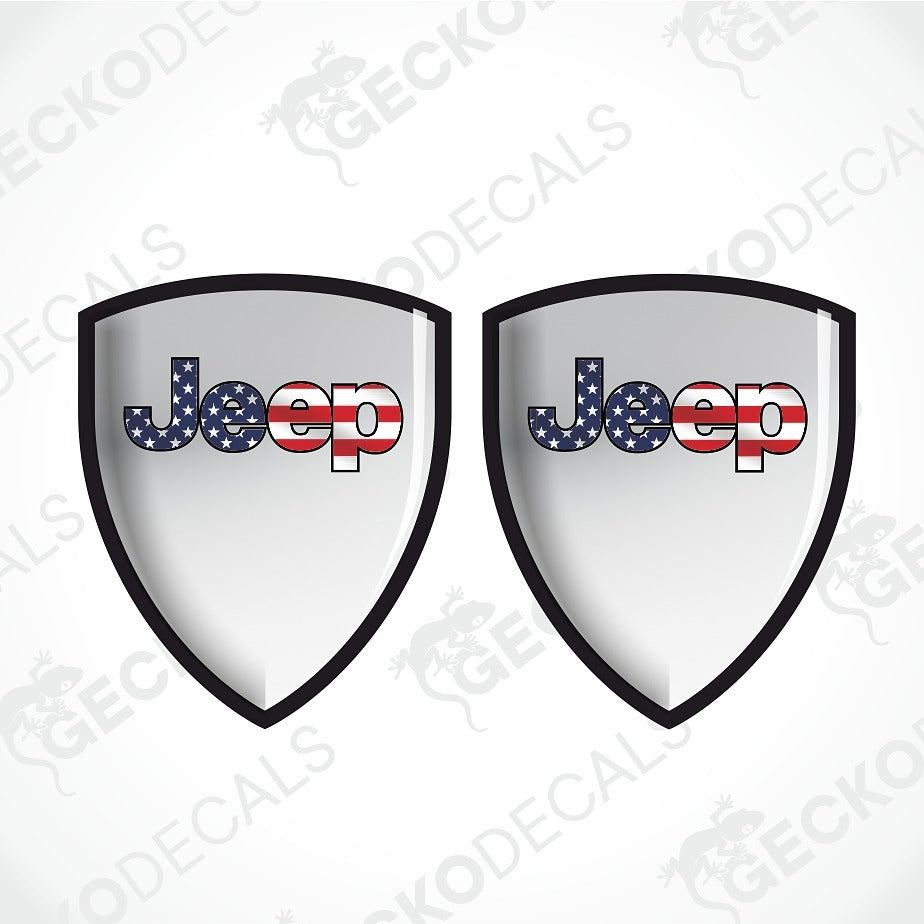 Two shield-shaped decal stickers featuring the word 'Jeep' in an American flag pattern, displayed on a light gray background with diagonal watermarks.
